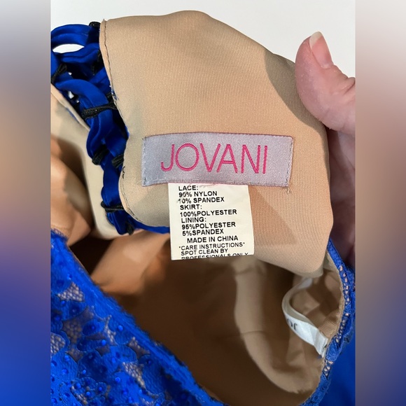 Jovani Blue Lace High Neck Lace Bodice Satin Long Dress Corset Back - Picture 10 of 16